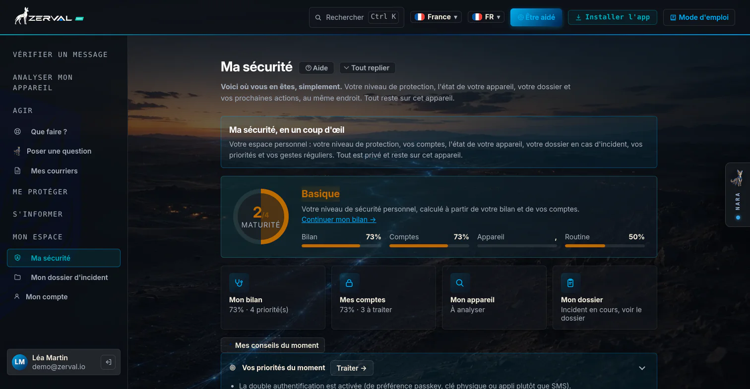 Ma sécurité dans Galyct Perso, niveau de protection, comptes, appareil et priorités, en un coup d’œil.